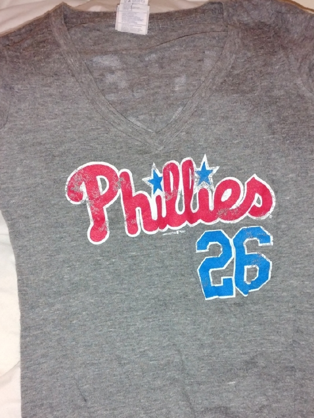 Gray Phillies V-Neck Tee with Red & Blue Graphics